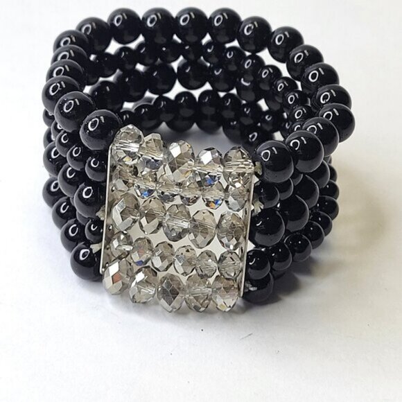 Black Faux Pearl Stretch Bracelet 5 Strand Wide Faux Pearl Elastic Bracelet - Picture 1 of 8